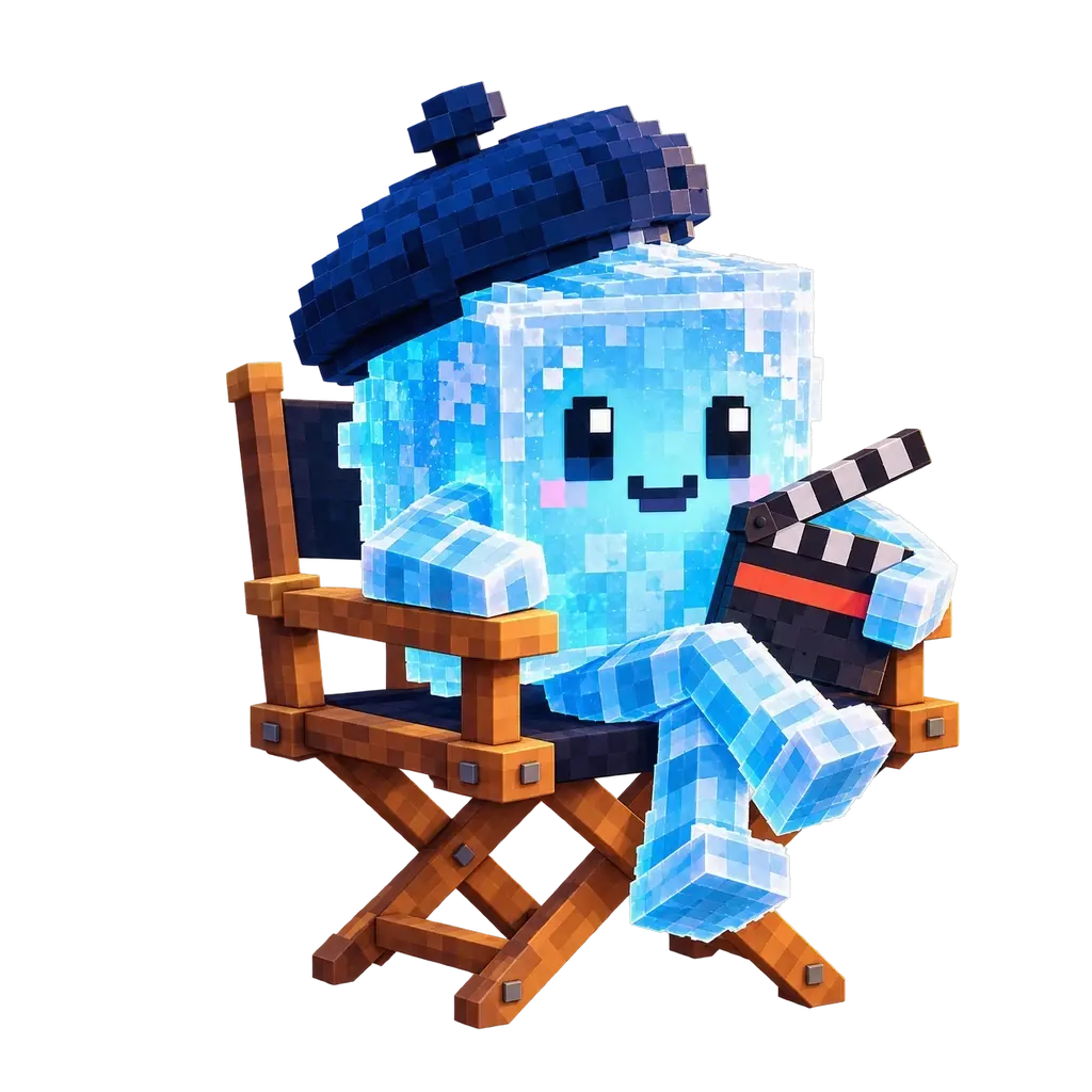 Ice, the Ice Motion Director mascot: a voxel ice cube in a navy director beret, sitting in a wooden director's chair and holding a clapperboard